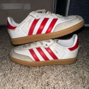 Toddler adidas sambas red and white.